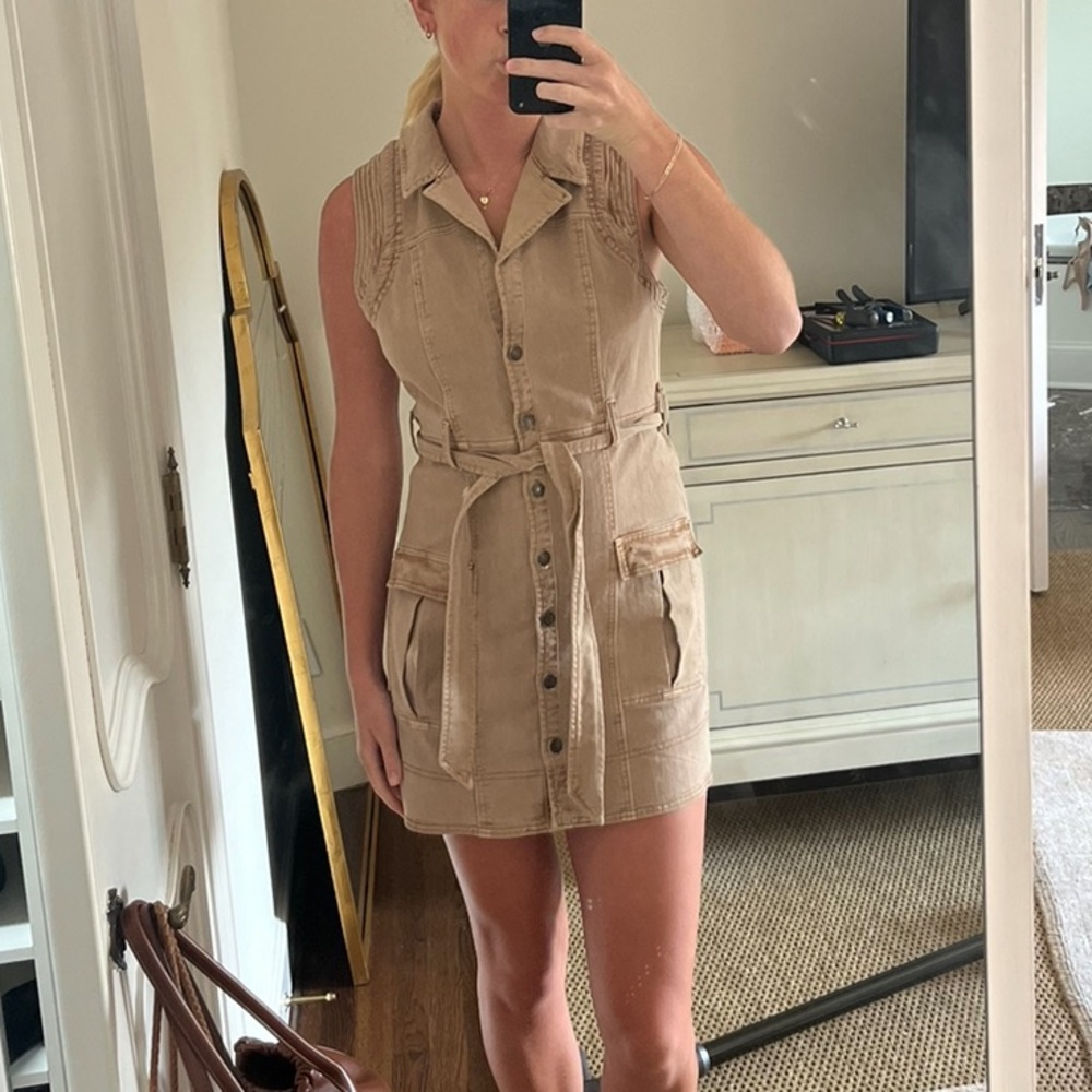 By Anthro Sleeveless Tan Belted Dress